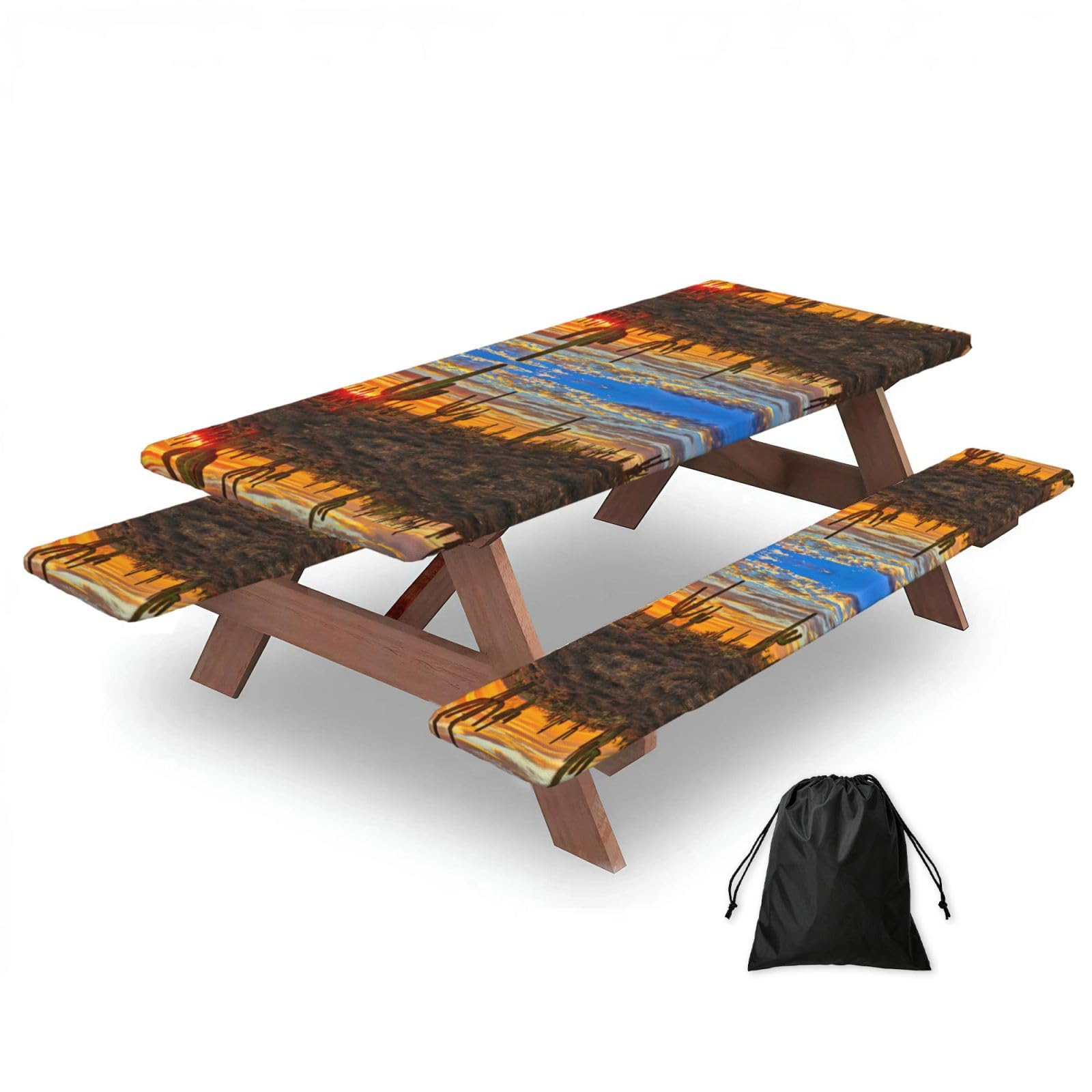 Zyjhyy Black Sunset Cactus In Desert Print 3 Pack Wipeable Picnic Bench Cover And Table Cover Lightweight Table Cloth For Camping Outdoor