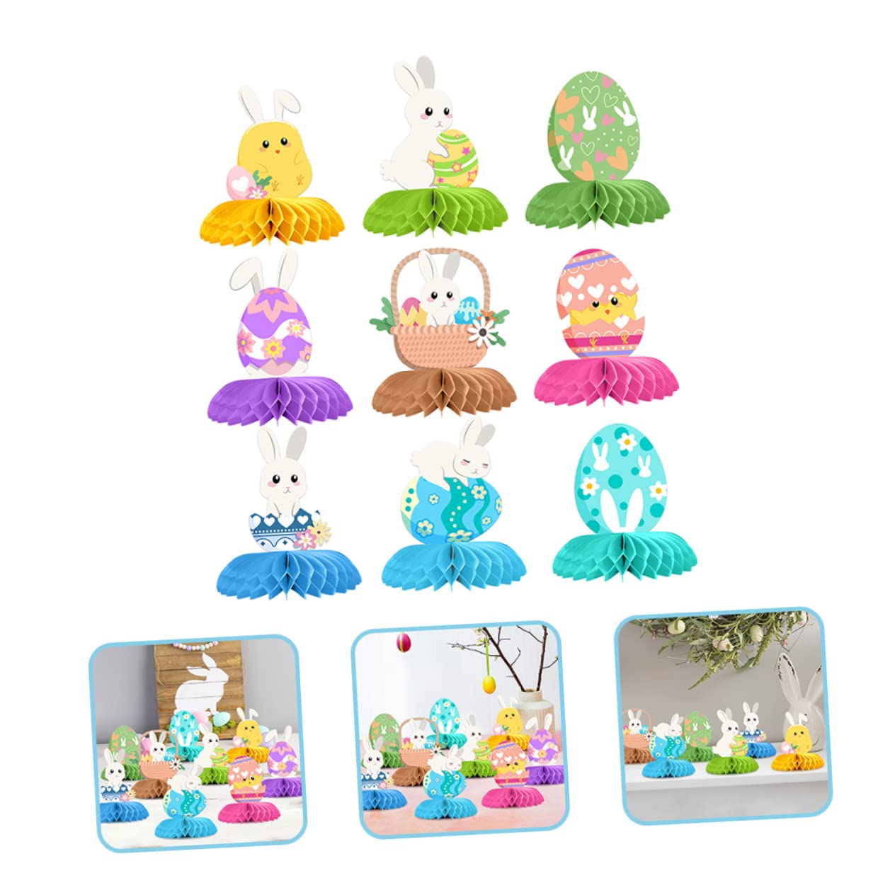 VICASKY 3 Set Palline Pasquali A Nido d'Ape di Pasqua Pasquale Venni Pulcino Kit Easter Bunny Easter Egg Toppers da Tavolo Pasquali Puntello di Carta Decorativa 9 Pezzi * 3