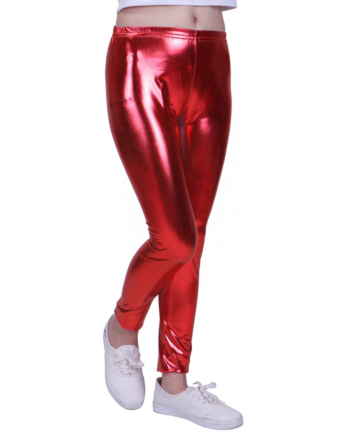 HDE Girls Shiny Wet Look Leggings Kids Liquid Metallic Footless Tights  (4T-12) (Red, 7/8)