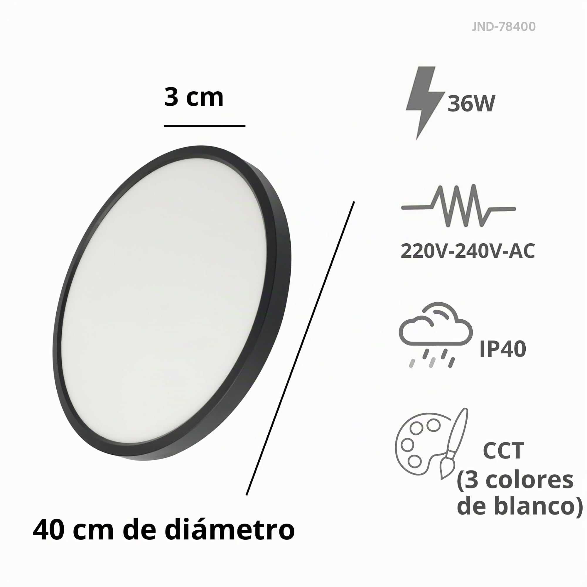 Jandei - Plafón LED 36W CCT, 40 cm diámetro, Marco Negro. Instalación en Superficie. 3000K-4200K-6000K Dormitorio, Salón, Cocina, Hogar, Negocio.