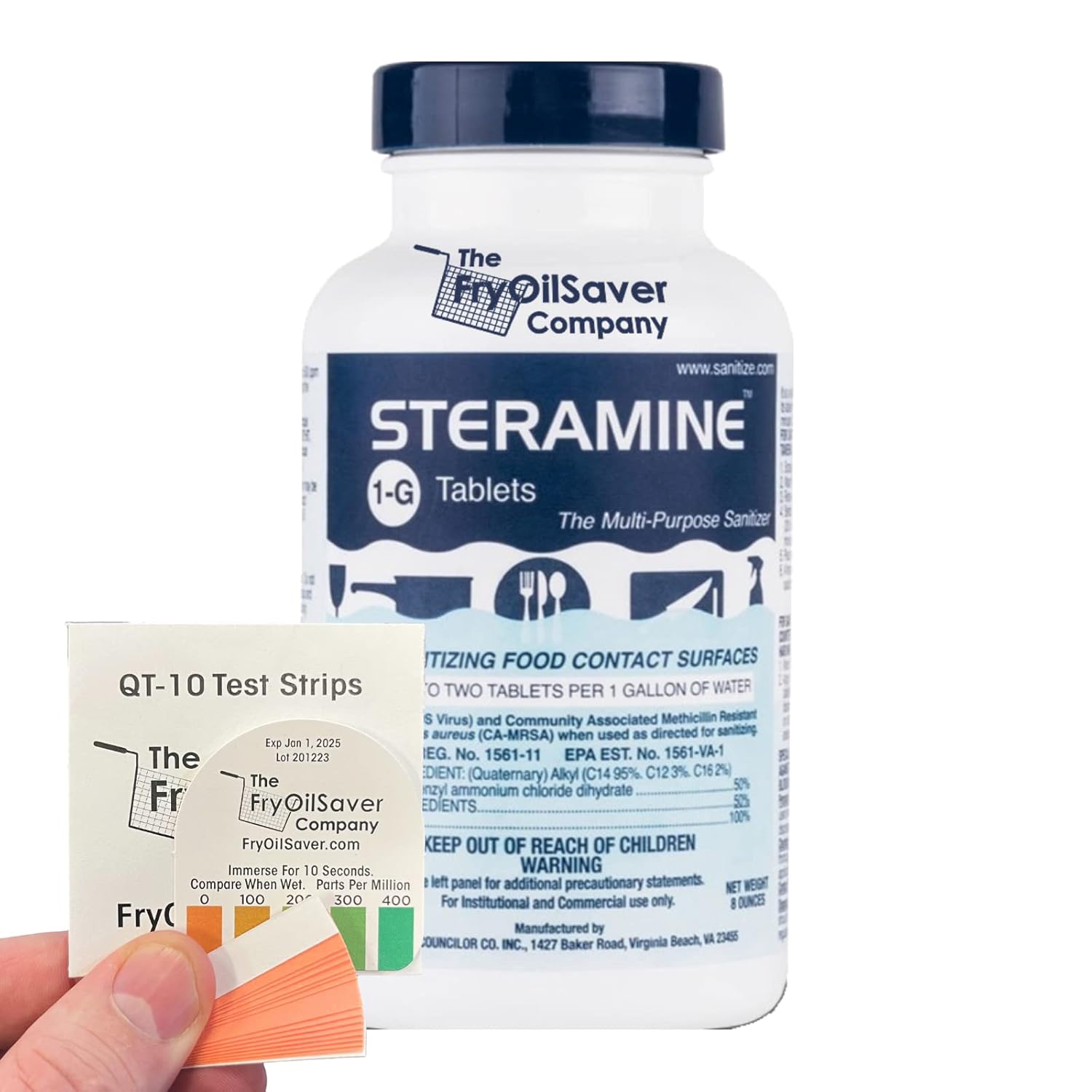 Steramine Quat Test Strips for Food Service by FryOilSaver Co., 10 x 15 Litmus Paper, 150x QT-10 Test Strips Measures 0-400 PPM, Color Chart for Testing Steramine Quaternary Tablet Sanitizing Solution