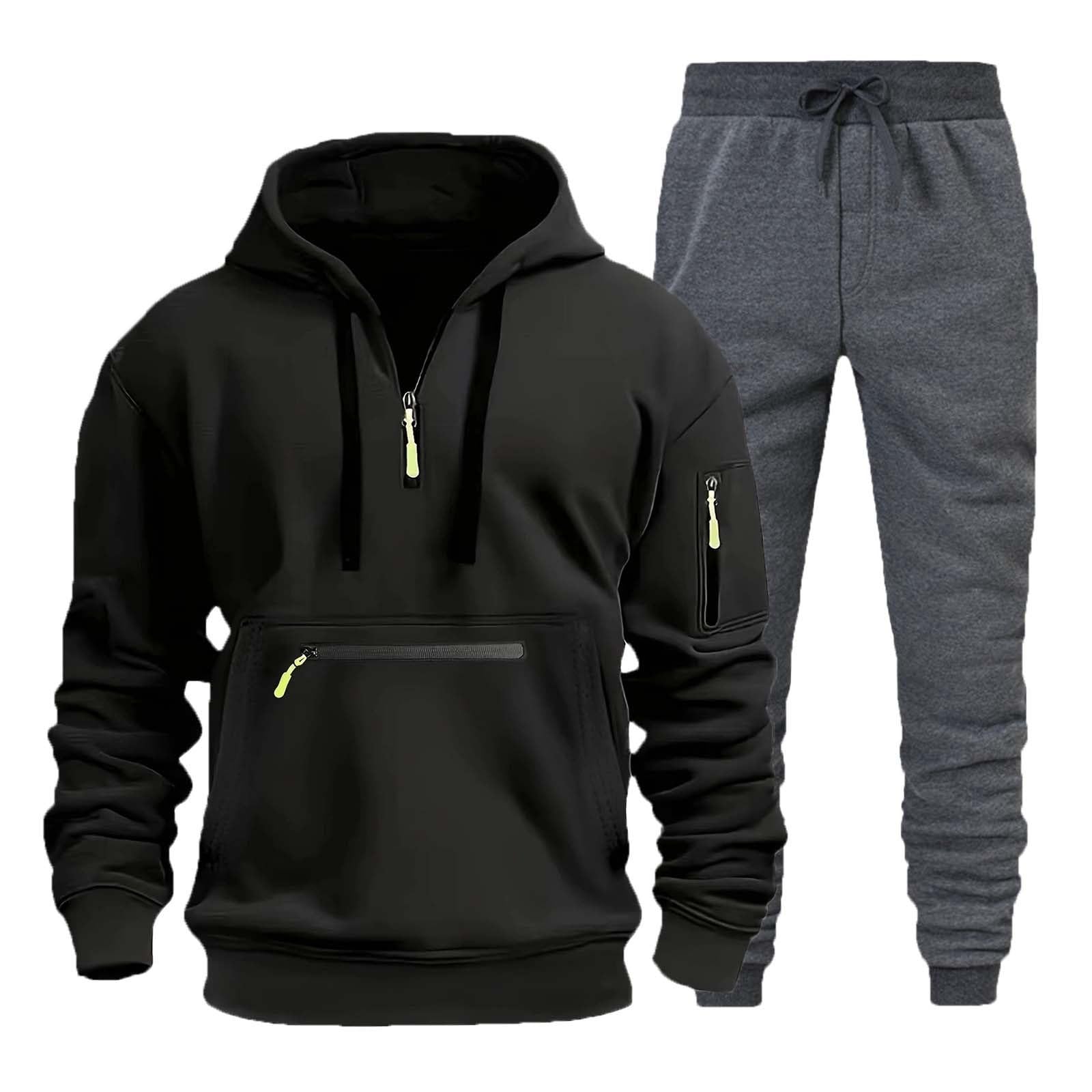 Generisch Tuta da jogging da uomo, in pile, da allenamento, con chiusura lampo a 1/4, con cappuccio e pantaloni da uomo, per fitness, palestra, per attività all'aria aperta
