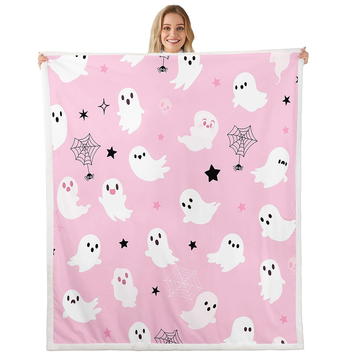 Homemissing Pink Skull Ghost Sherpa Blanket Boys Girls Baby 30x40Inch Happy Halloween Fleece Throw Blanket For Kids Women Men Ultra Soft Horror Theme Plush Blanket Pumpkin Fuzzy Blanket Room Decor