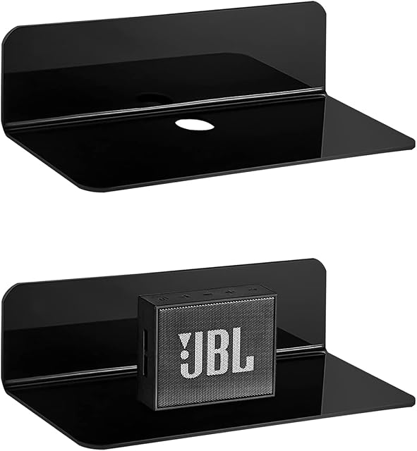 FAIHTS Floating Set of 2, Adhesive Display Shelf, Black No Drill Small Wall Shelf, Shelf with Cable Clips,Stick on,No Drill,for Living Room, Bedroom, Bathroom