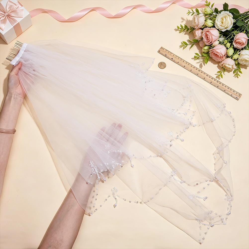 BENECREAT Velo Da Sposa A Un Solo Strato con Pettine, Velo Da Sposa con Perline, Doppio Strato, Classico, Bianco, In Tessuto Confortevole per La Cerimonia Nuziale, 600~800mm
