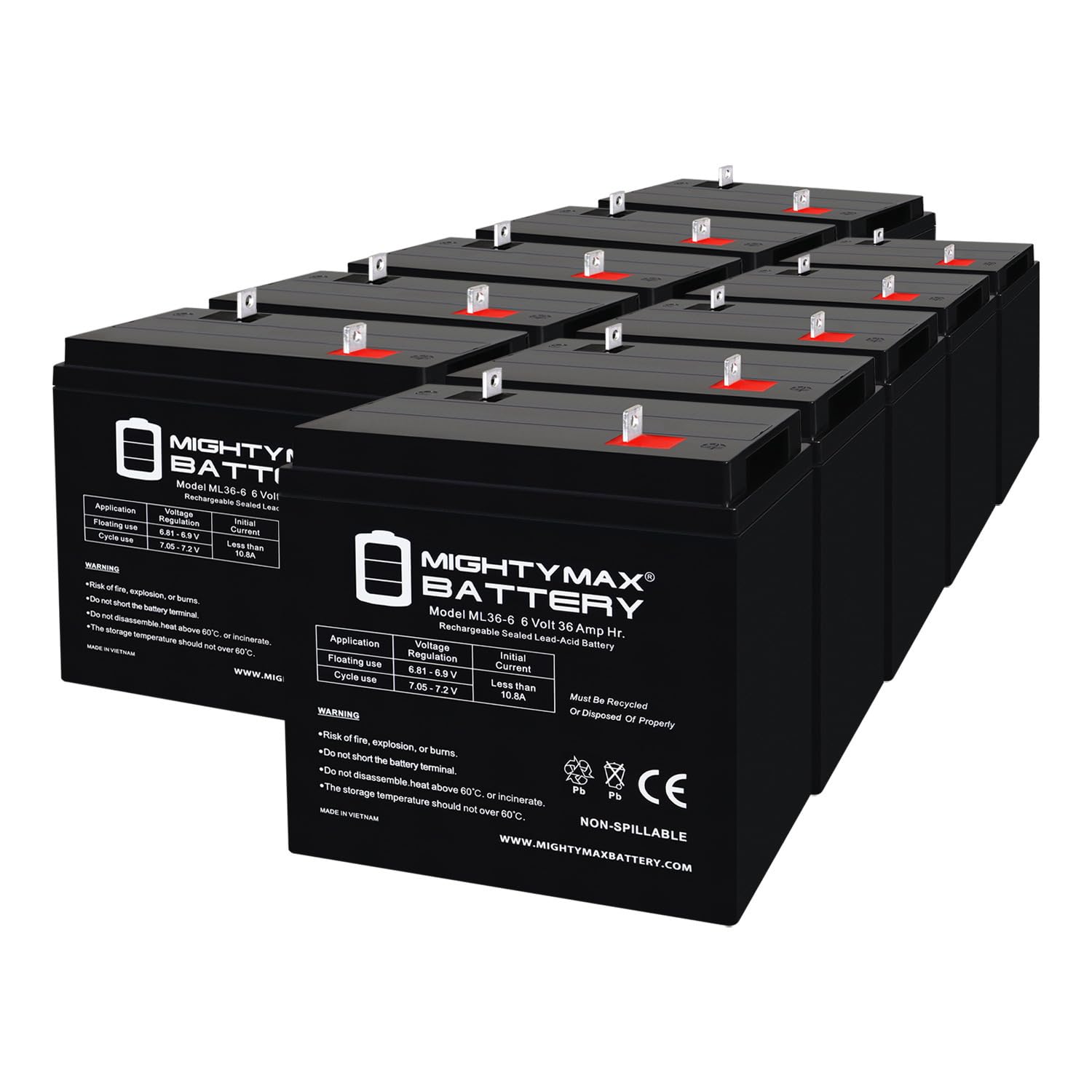 Mighty Max Battery 6V, 36Ah, AGM, NB Terminal, Replacement Battery Compatible with Medical wheelchairs - 10 Pack