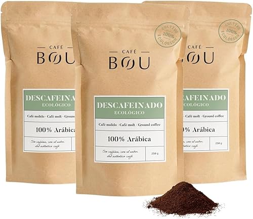 CAFÉ BOU - Café moído ecológico com descafeína premium, torrada média-alta, café moído com aroma de doces e fruta, corpo e intensidade média café ecológico 100% árabe, pacotes 3 x 250 g