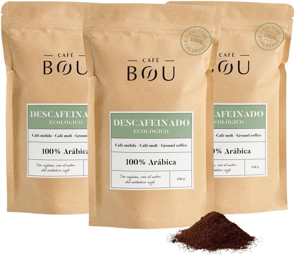 Café BOU | Café Molido Descafeinado Ecológico Premium | 100% Arábica Ecológico Certificado | Descafeinado Natural con Agua | Cuerpo Medio | Para Espresso | Pack 3×250 g