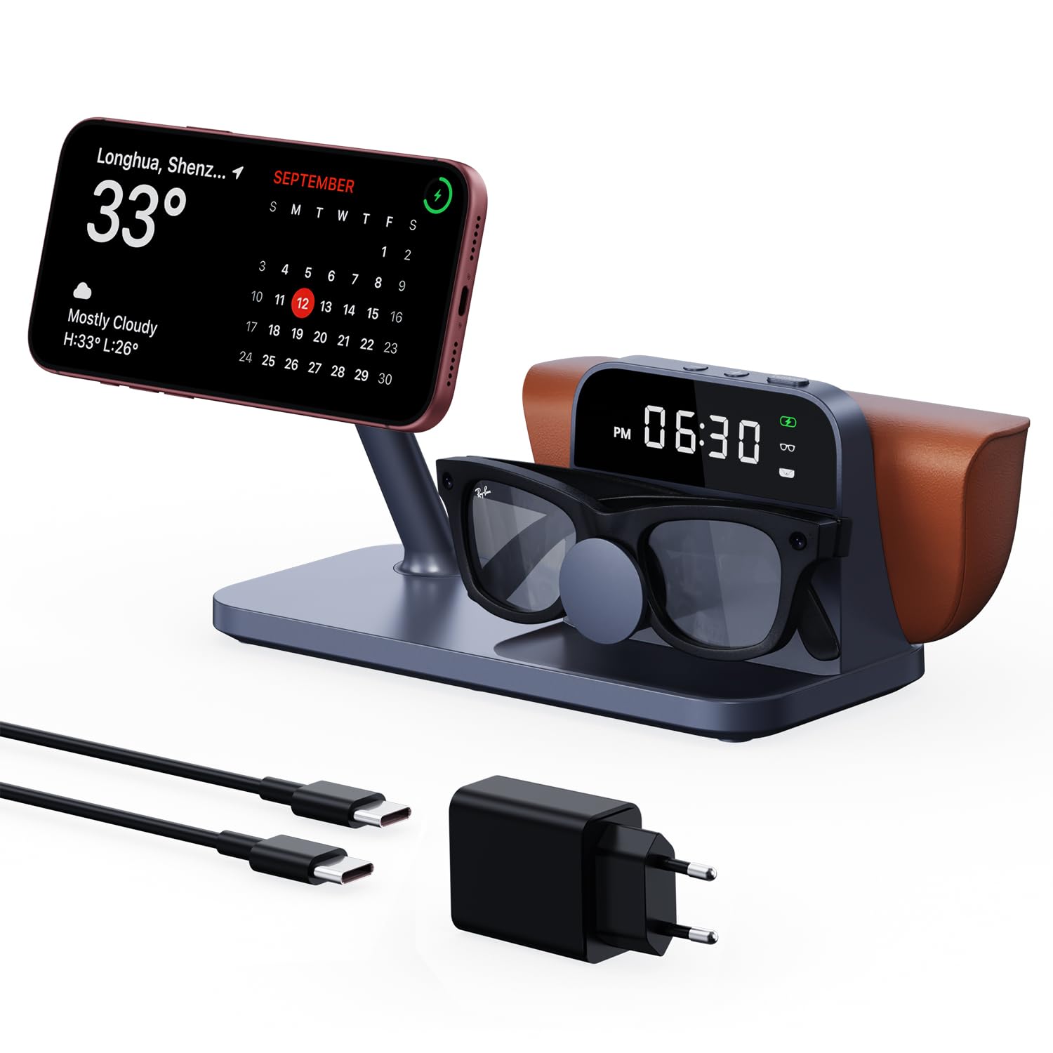 GEEKERA Estación de carga magnética 3 en 1 compatible con Ray-Ban Meta y iPhone