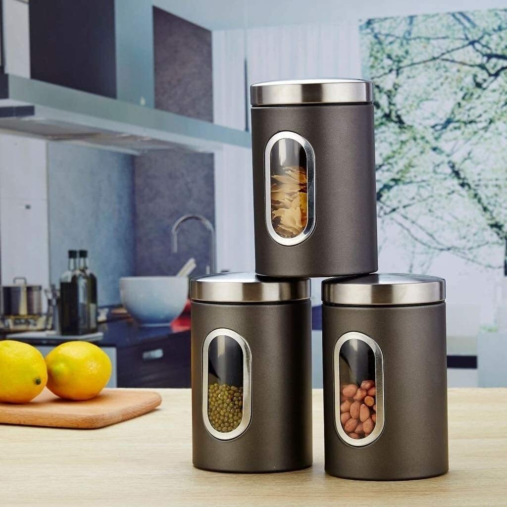 Contenitori Alimentari per Cereali Set Set di 3 contenitori ermetici for la conservazione degli alimenti, barattoli da cucina in acciaio inossidabile con coperchio trasparente, finestre trasparenti fo