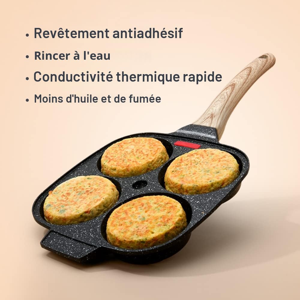 Poêle à 4 Emplacements, Poêle à Pancakes et Omelette Antiadhésive en Aluminium pour Petit-déjeuner Oeuf Au Plat Hamburger, pour Cuisinière à Gaz et Induction (Noir)