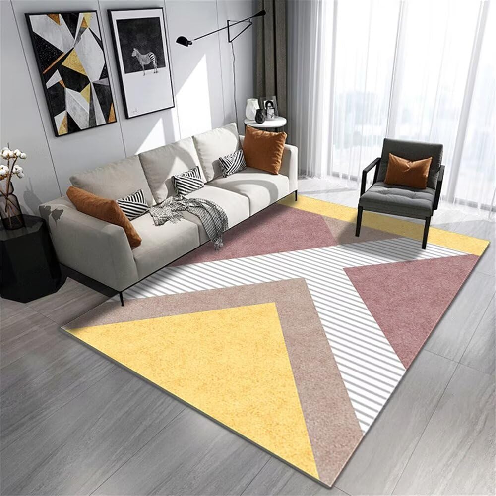 Tapis chambre enfant jaune 140x200cm lavable à rayures
