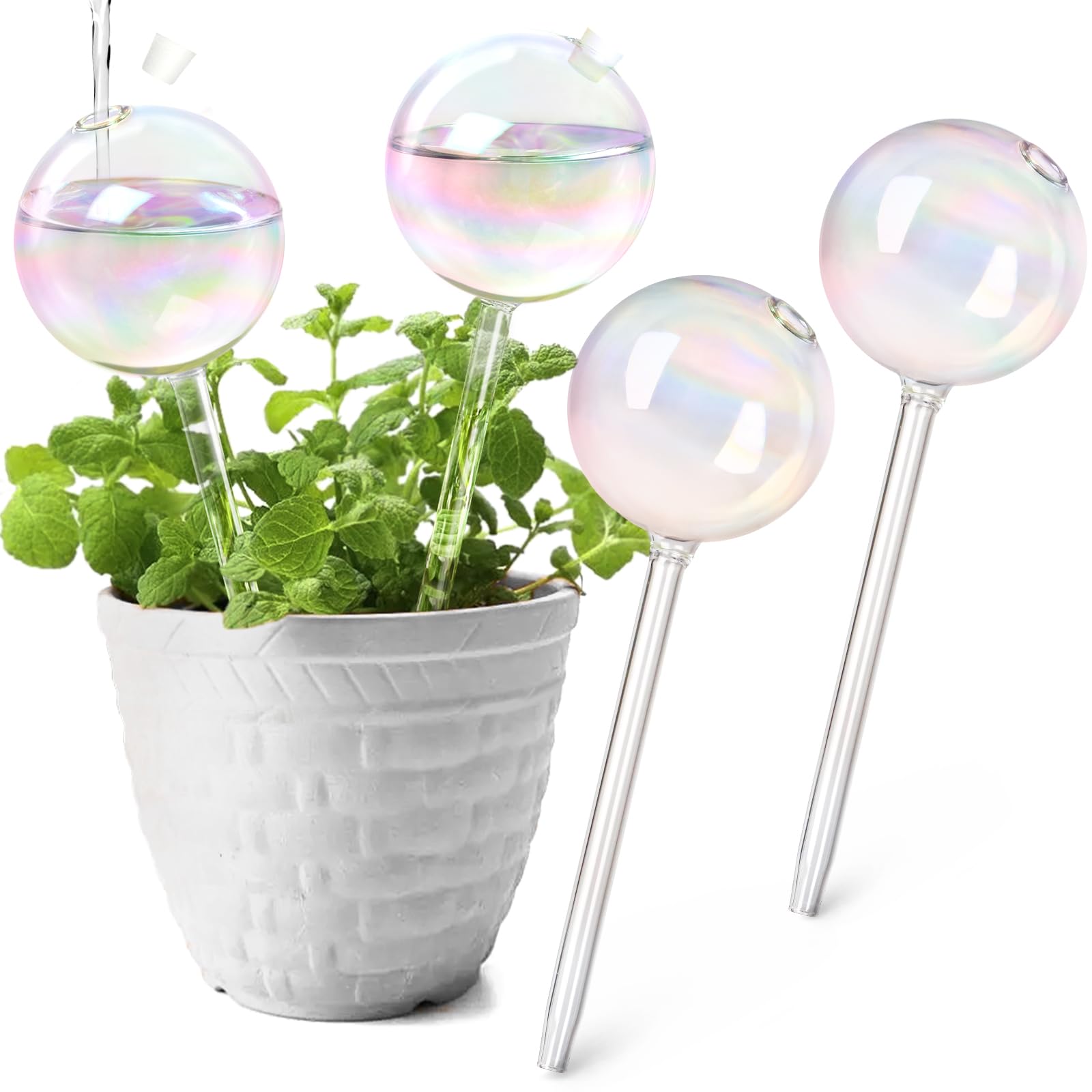 KiKiHeim Plant Watering Globes Top Fill Self Watering Planter Insert, Automatic Waterer Devices with Hole, 4Pcs Light Iridescent Clear Glass Water Bulbs
