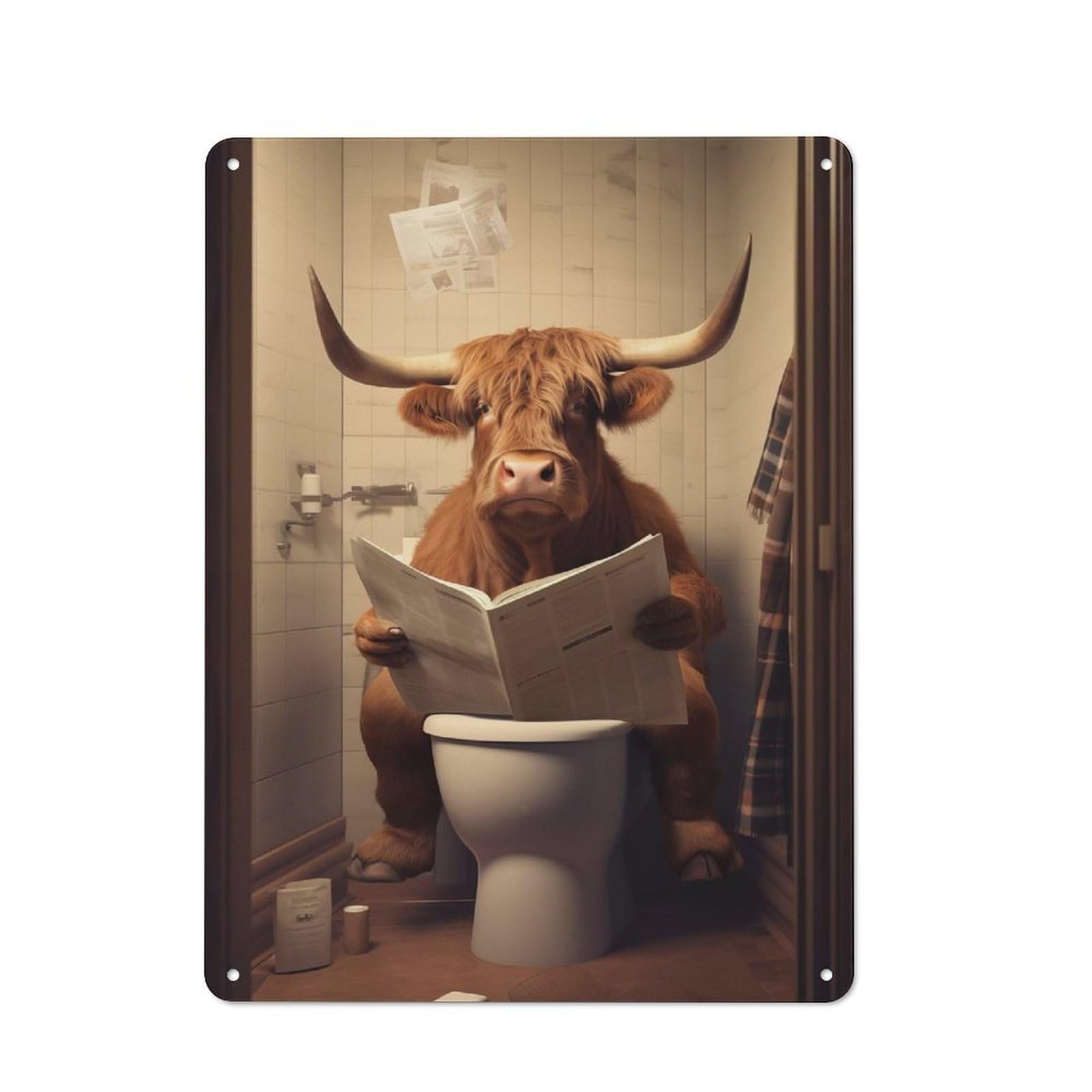 Junmoney Highland Cow On The Toilet Classic Tin Wall Sign 40X30cm, Diner Style Decor For Coffee Bar, Kitchen, Bistro Or Tea Corner