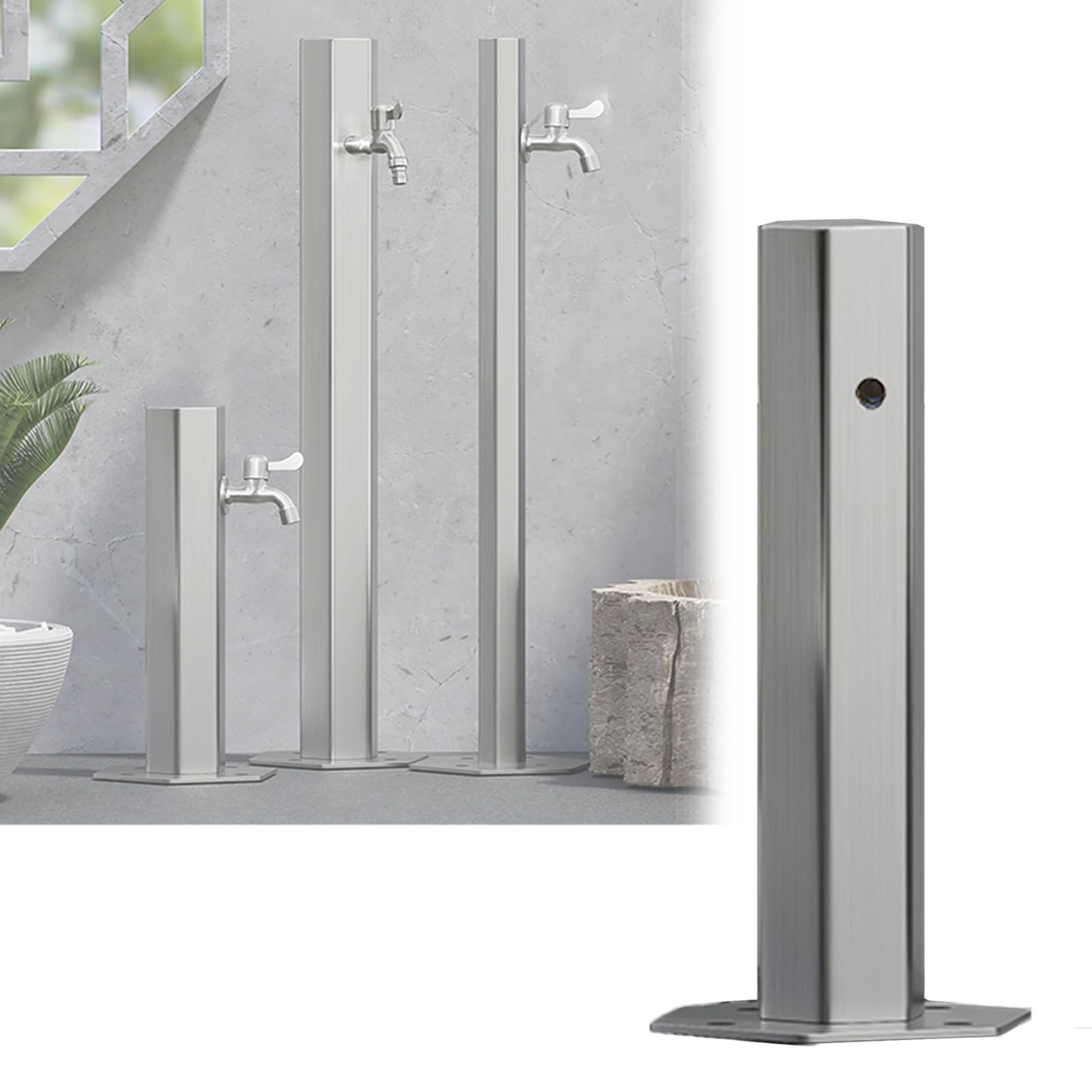 Columna de agua vertical cuadrada de acero inoxidable 304 para jardín al aire libre, resistente a las heladas, doble grifo, soporte para manguera de hidrante de incendios montado en el suelo para