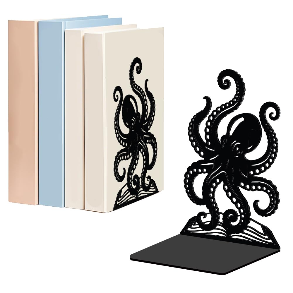 WADORN 1 Pair Octopus Metal Decorative Bookend for Shelves, Heavy Duty Book Ends Modern Non-Skid Books Holder Stand Black Book Support Stoppers for Desk Bookshelf Office Home, 5.3x4.3x7.8 Inches