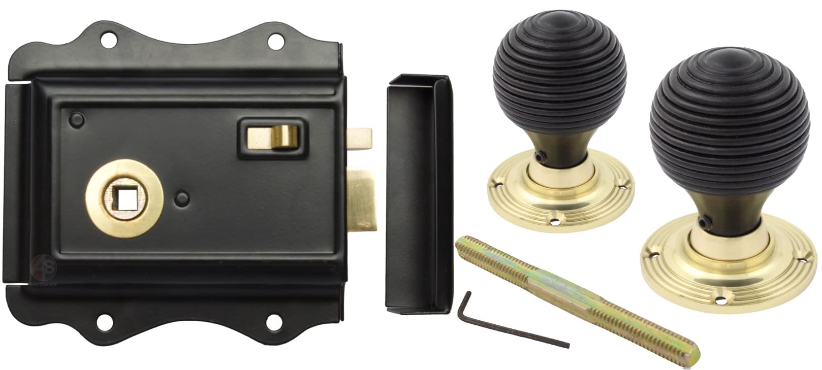 Ab Hardware Polished Brass Old English Victorian Style Latch Lock Snib + Ebonised Beehive Rim Door Knob Set (Polished Brass)