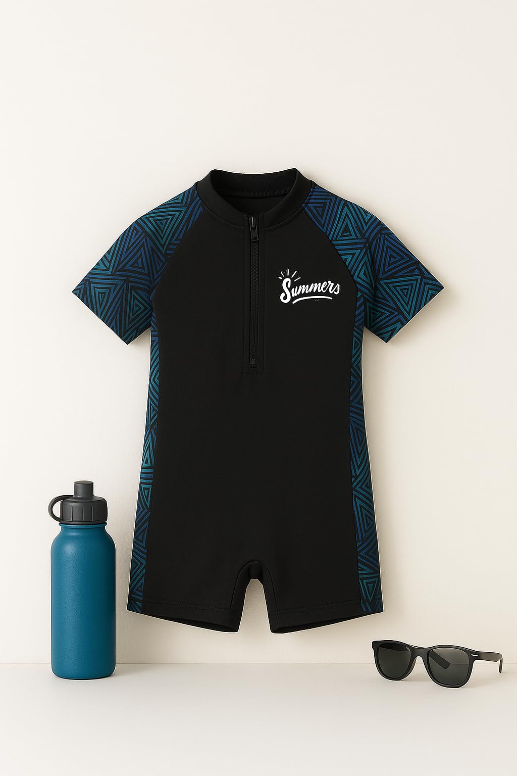 Bubble Berry Boys Summer Swimsuit | Short Sleeve One Piece with Zipper Neck | Polyester-Spandex Blend (in, Age, 6 Years, 7 Years, Black) - Image 2 thumbnail