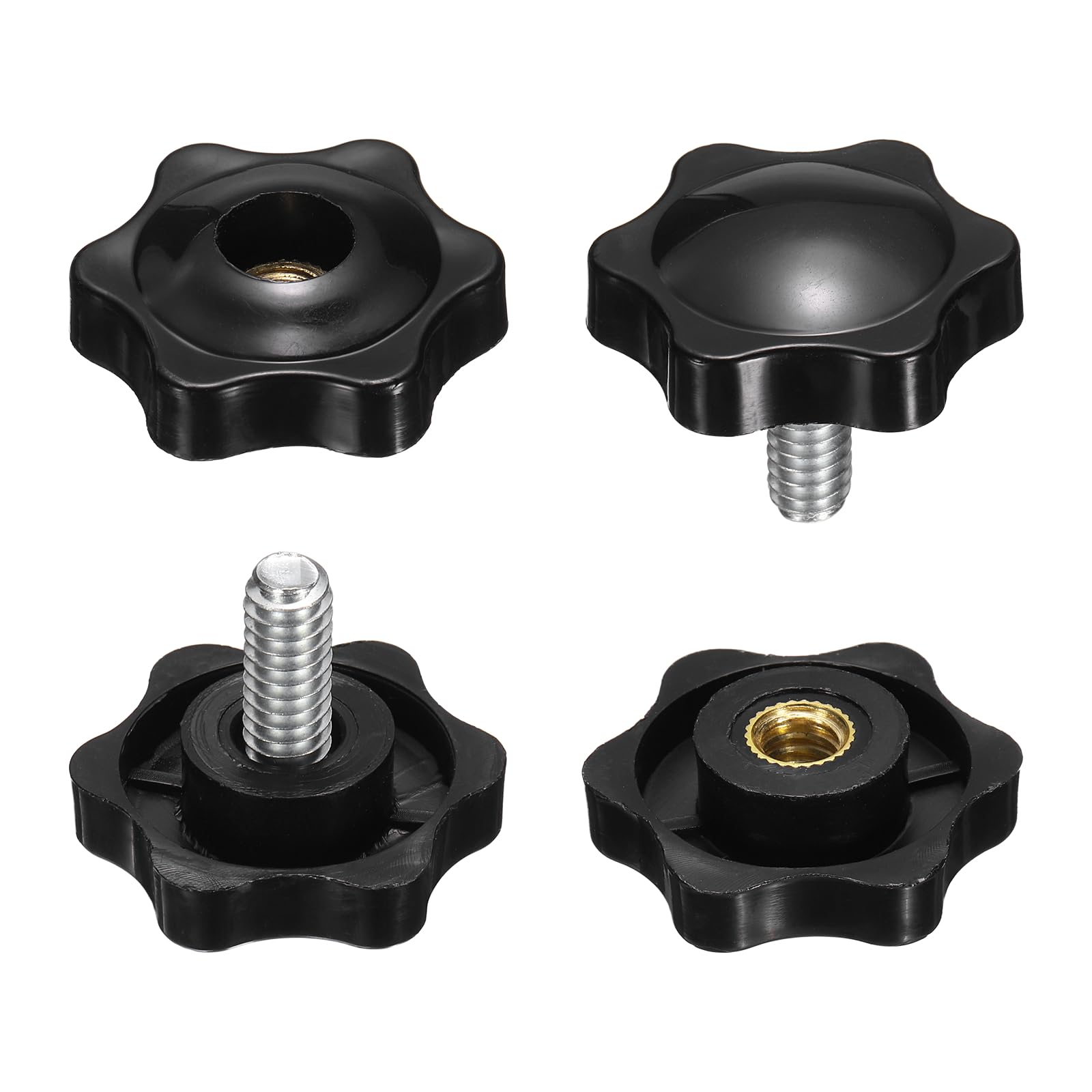 sourcing map 2 Set Star Knobs 1/4"-20UNC x 14mm Male + 1/4"-20UNC Female Thread 32mm Head Metric 6-Star Threaded Stud Clamping Handles Screw in Through Hole Hand Jig Knob Thumb Screws, Black โ image 1