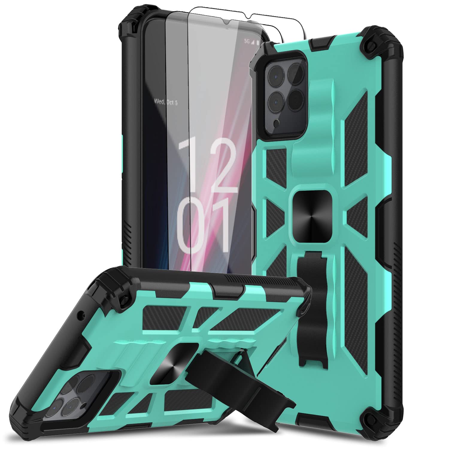 Leptech for T-Mobile Revvl 6 Pro 5G Phone Case with 2 Packs Tempered Glass Screen Protector, Dual Layers Shockproof Protective Cell Phone Cover with Kickstand for T-Mobile Revvl 6 Pro (Mint Green)