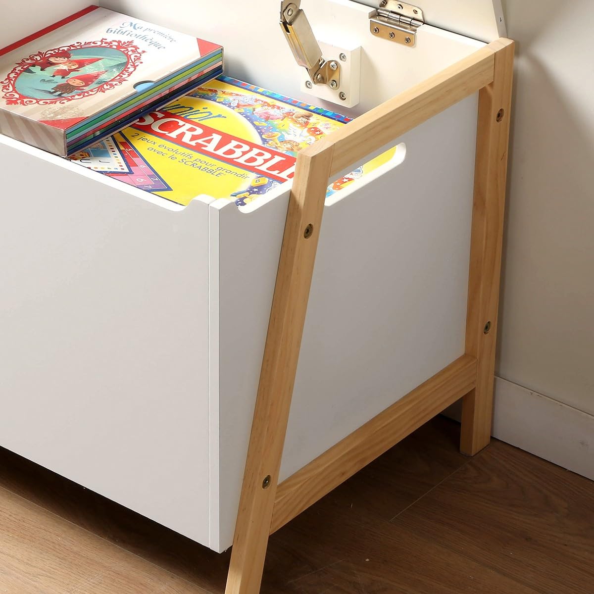 Calicosy – Coffre de Rangement Enfant avec 2 Compartiments et Couvercle Amorti – L99 cm – Pieds en Bois Massif – Coffre à Jouets Pratique et Sécurisé