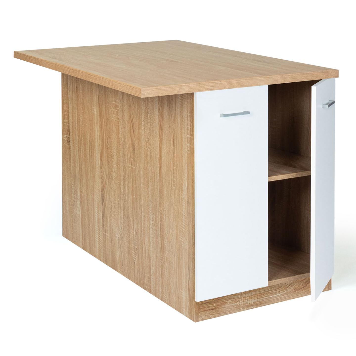 IDMarket - Ilot Central IVO 120 cm Bois façon hêtre Portes Blanches avec Plan de Travail
