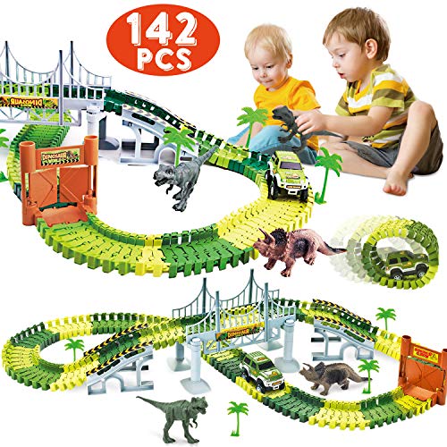 ShinePick Dinosaur 142 PCS Race Car Train Track Toys Create A Road Dinosaur Tracks Set Flexible Tracks Playset, Perfect Christmas & Birthday Gift for Kids