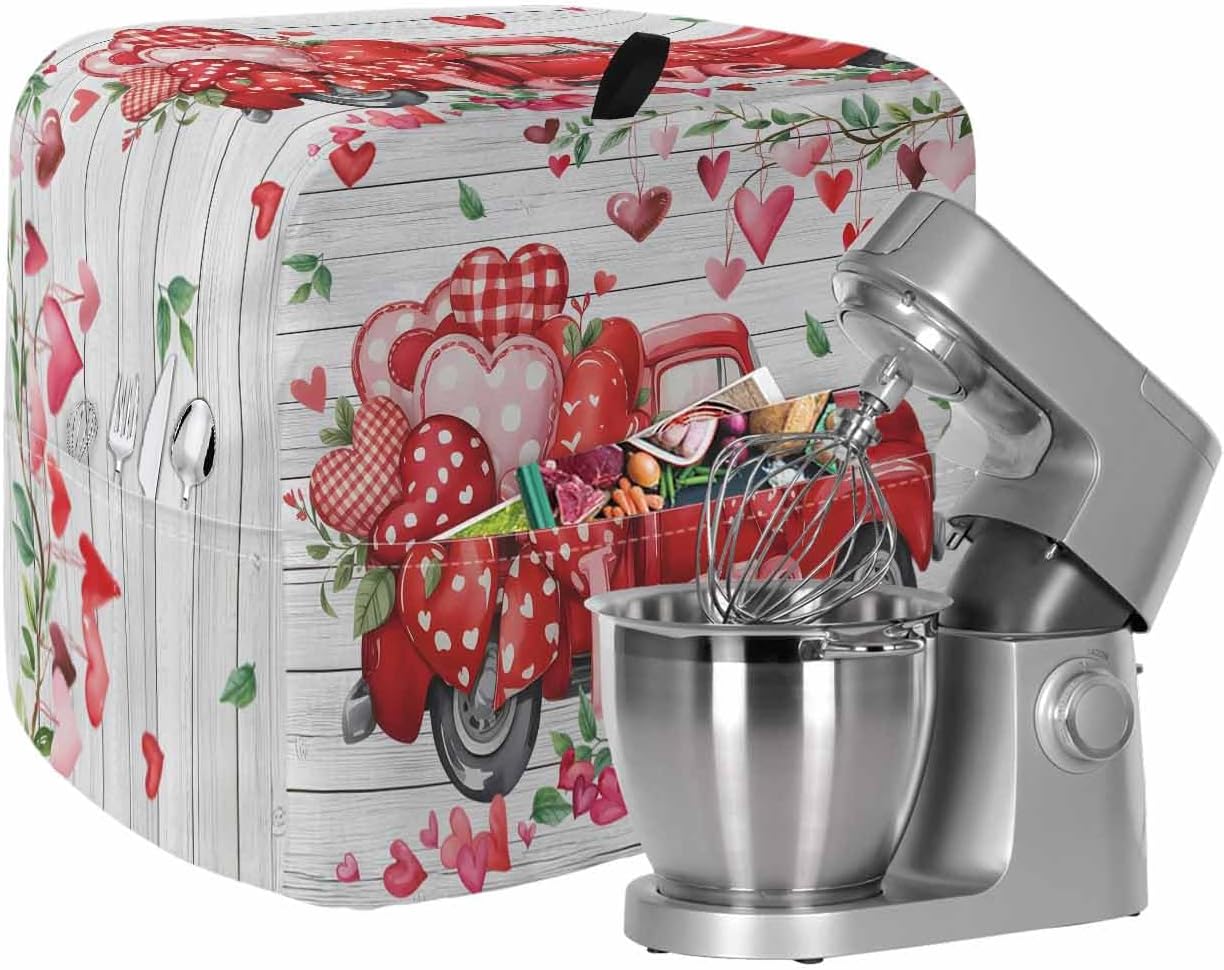 Stand Mixer Cover with Storage Pocket, Valentine's Day Waterproof Kitchen Mixer Covers, Red Love Hearts Car Romantic Grey Wooden Kitchen Appliance Dust Cover Compatible with 4/4.5 Quart Mixers