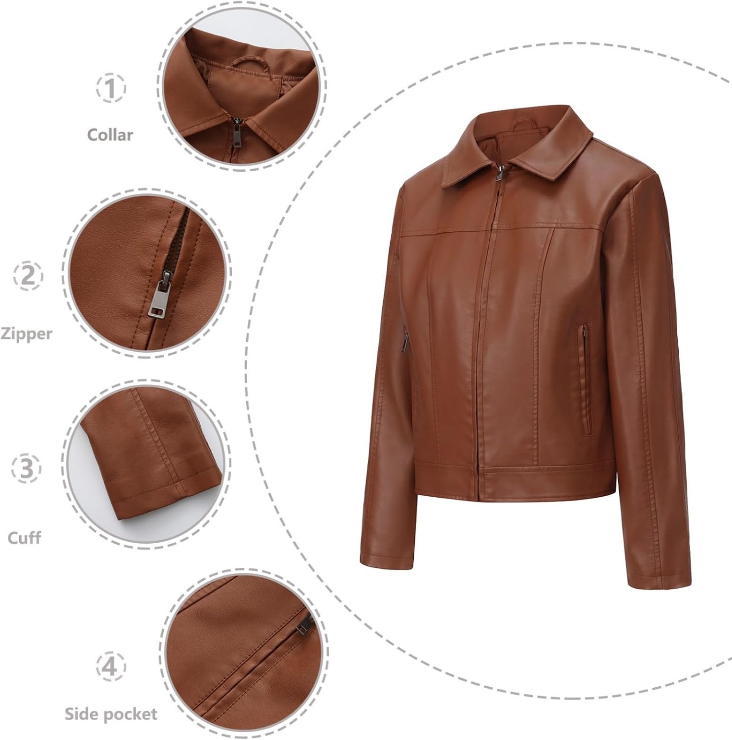 Women's Leather Look Jacket Collared Zip Front Classic Biker Coat