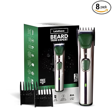 LetsShave Precision Mens Trimmer - 12 Length settings, 90 Min Run Time, USB Fast Charging with Li-ion Battery | Cordless Beard Trimmer For Men With Liquid Chrome Finish