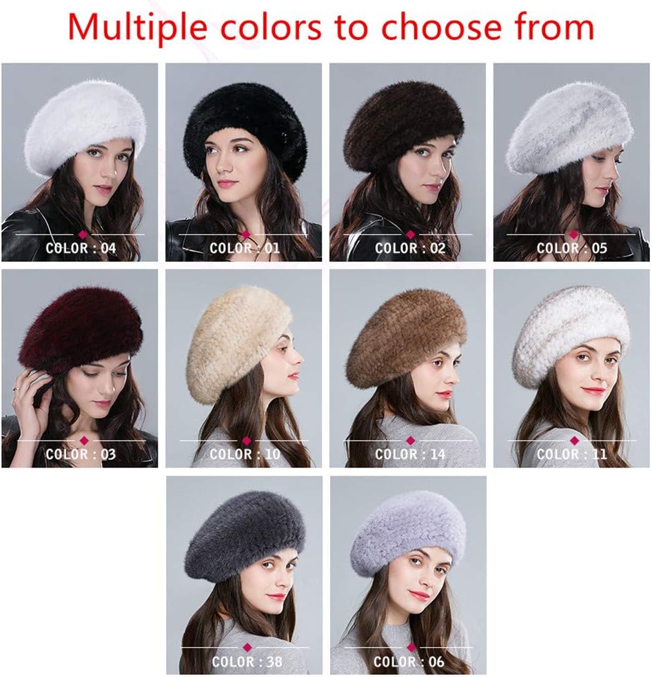 Women's Knit Real Mink Fur Beret Hat,2019 New Winter Russian Beanie Rhinestone