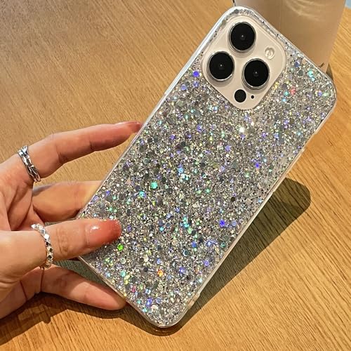 MUYEFW Case for iPhone 12 and iPhone 12 Pro Case Glitter Bling for Women Girls Sparkle Cover Cute Protective Phone Cases 6.1 inch (Silver)
