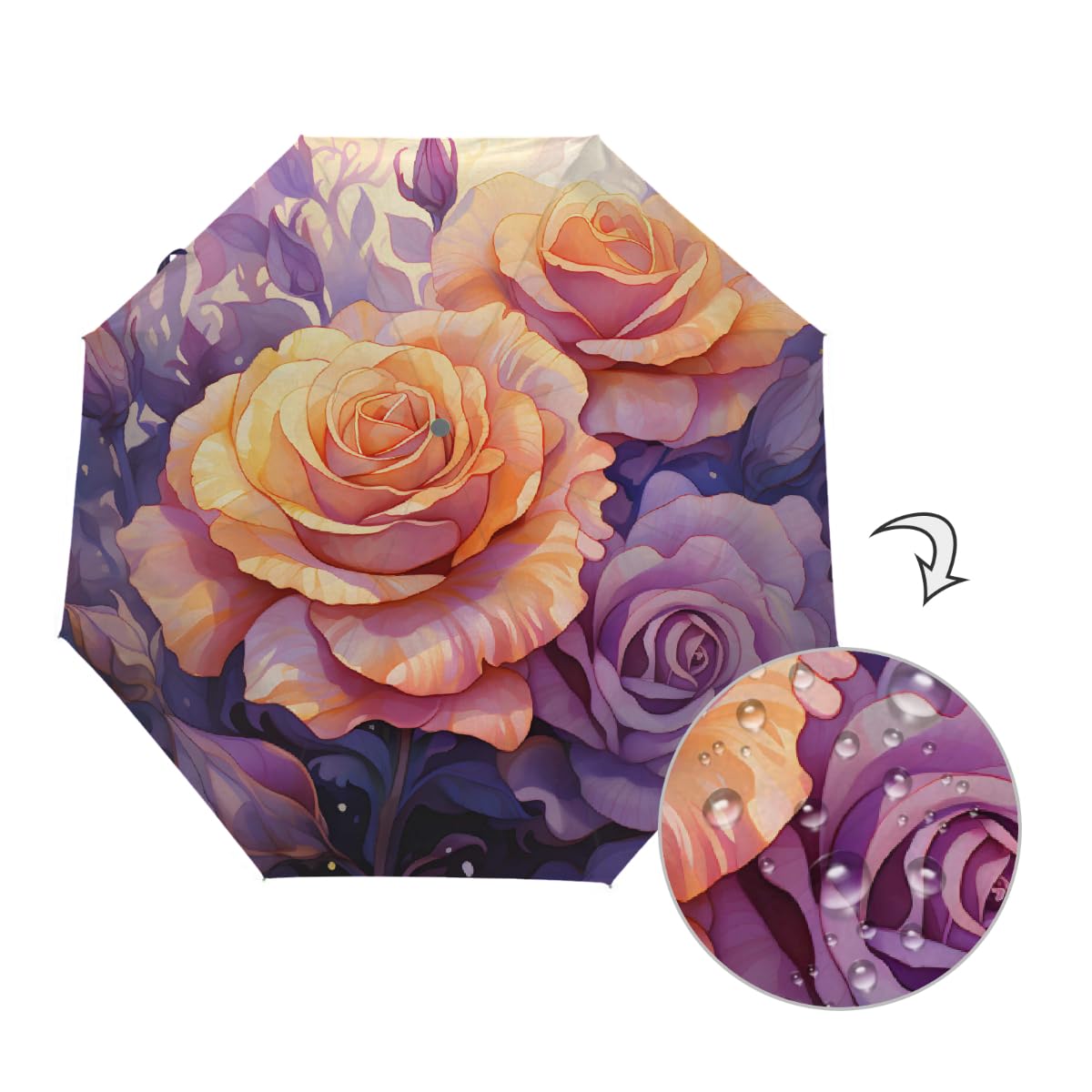 Ombrello pieghevole vintage con rosa gialla floreale ombrello da viaggio compatto antivento impermeabile con protezione UV rivestimento nero leggero 8 coste portatile per pioggia sole