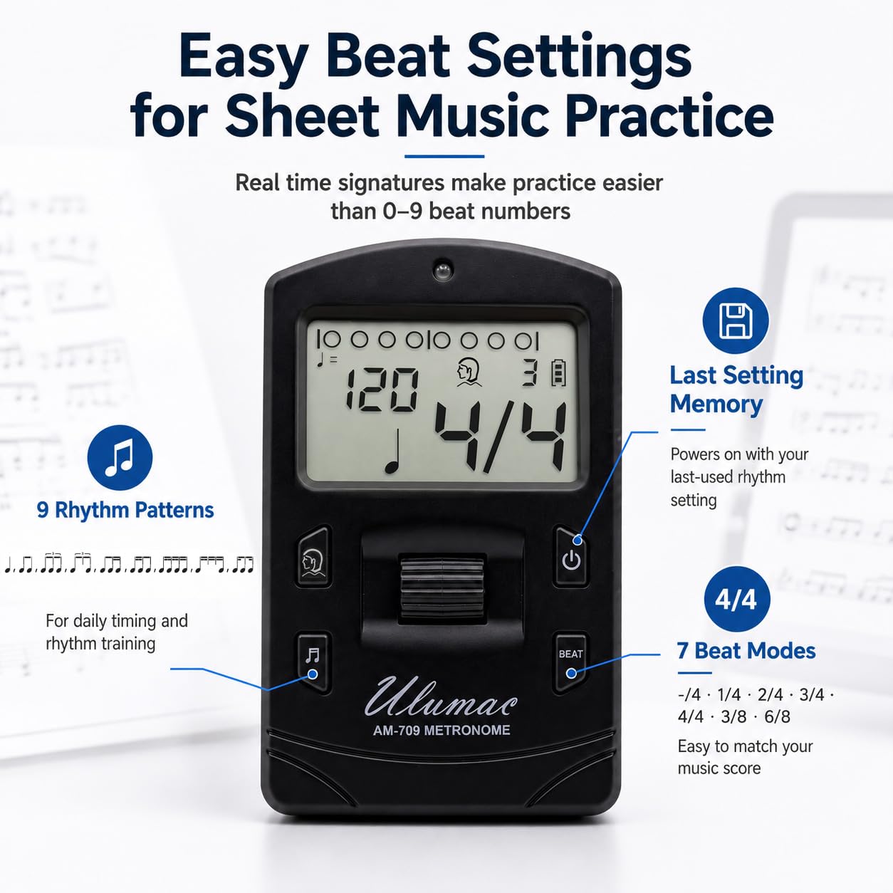 Ulumac AM-709 Métronome numérique rechargeable pour piano, guitare, batterie, violon et tous les instruments (câble USB-C inclus)