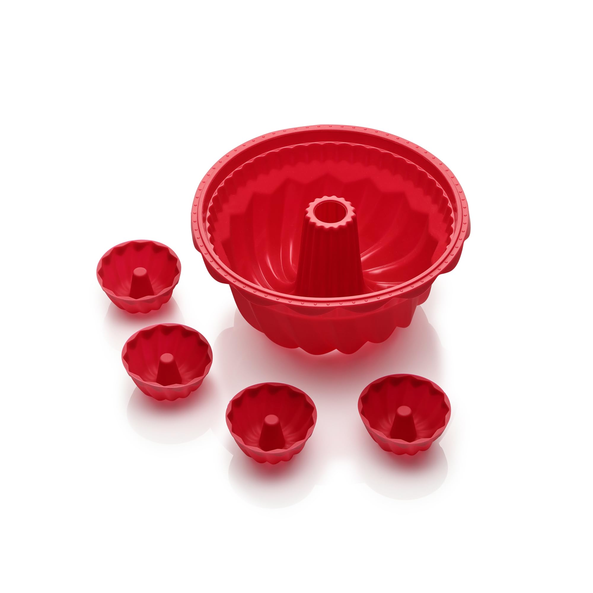 Coolinato - Lot de 5 moules en silicone pour kouglof - Rouge - 1 x 24 cm et 4 x 8 cm - Moule à gâteau en silicone platine - Passe au four jusqu'à 230 °C et antiadhésif - Avec 4 recettes