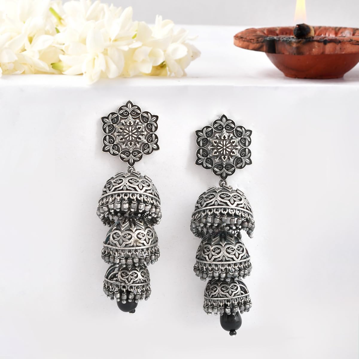 Nrityotsava Falguni 3 Layers Jhumka Earrings