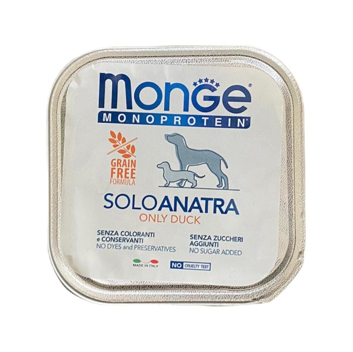 Monge Monoprotein Cibo umido per Cane solo Anatra, naturalmente senza coloranti, conservanti e zuccheri aggiunti. Confezione da 24 vaschette (1 = 150gr.)