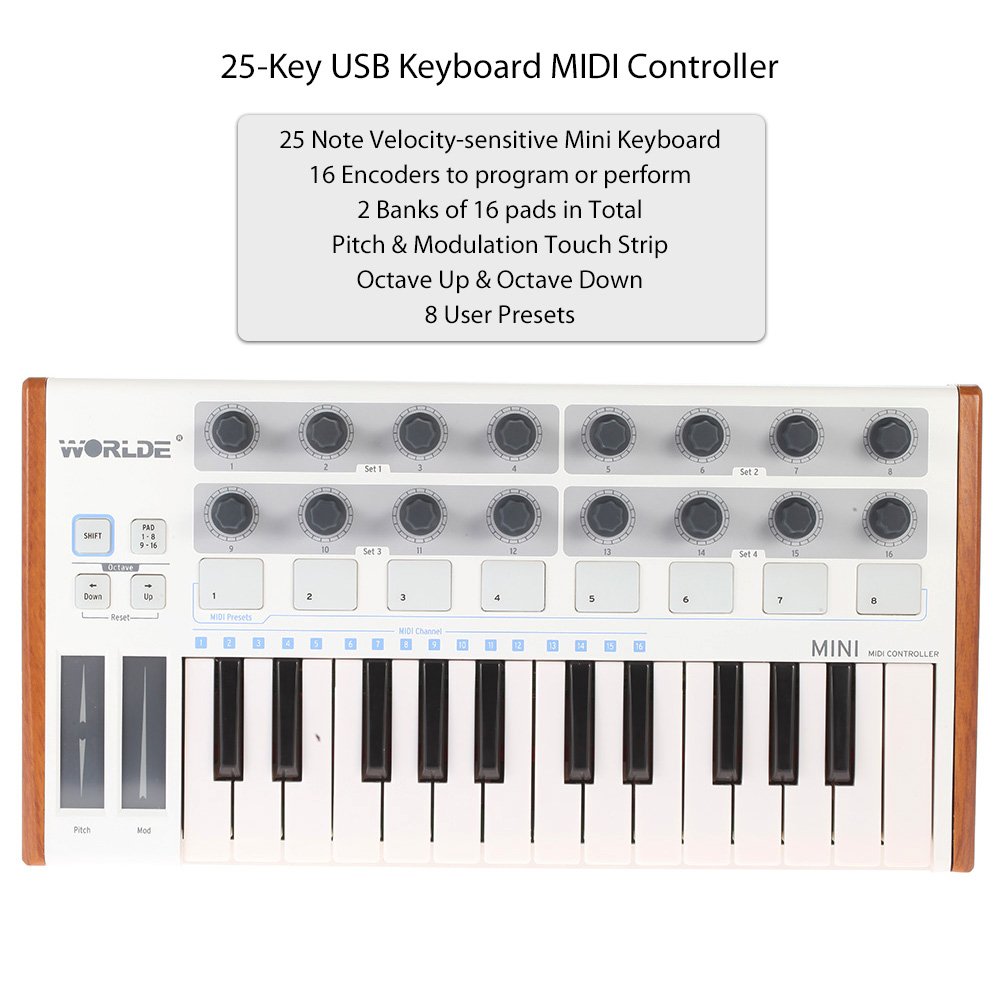 Teclado USB de 25 teclas, ultra mini almohadilla de batería MIDI USB profesional de 25 teclas y controlador de teclado