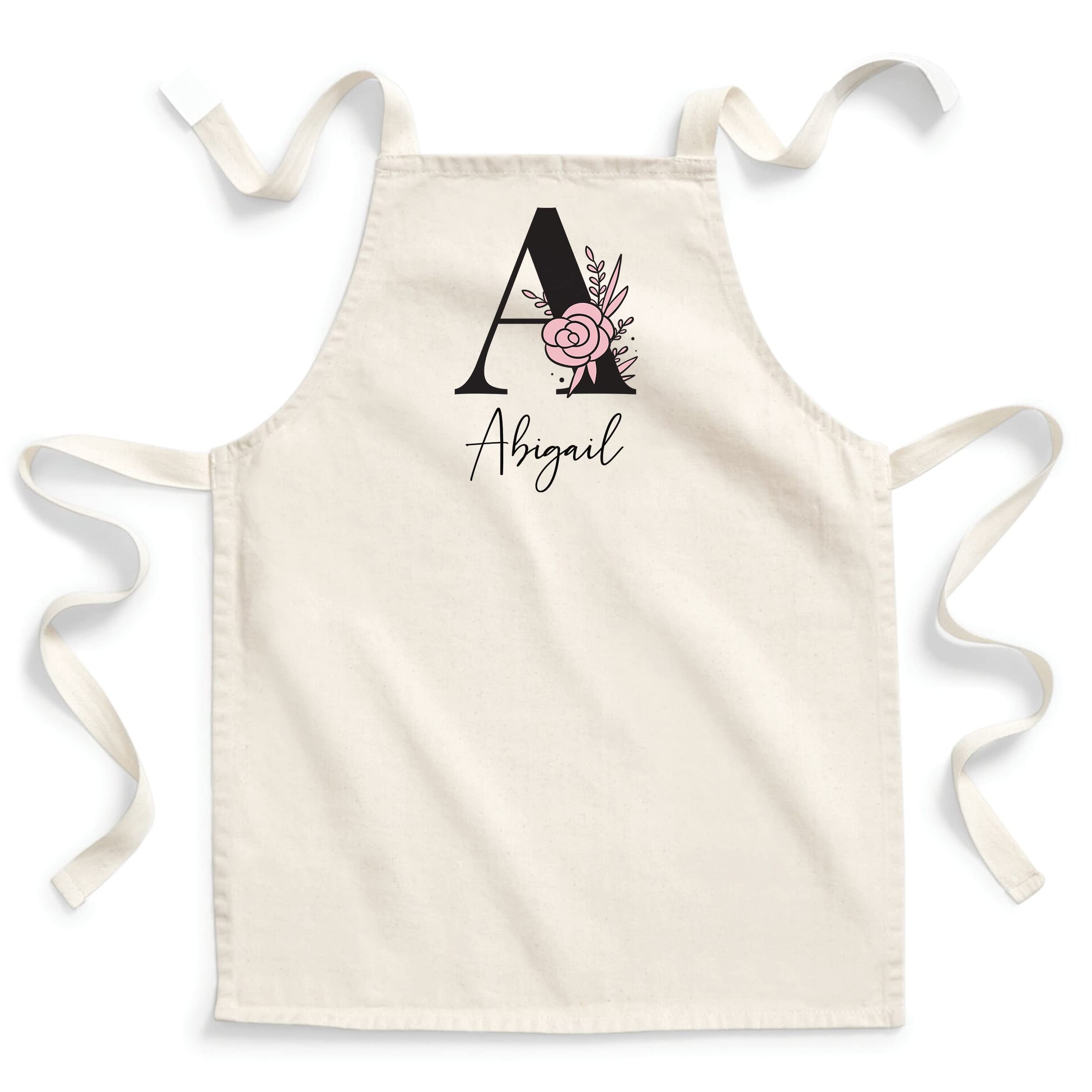 Girls Personalised Apron for Cooking Gifts for Girls Teenagers Kids Floral Initial Custom Design With Name Printed Use for Baking Hobby and Crafting, Junior, Natural