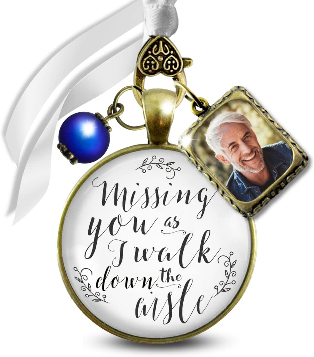 Wedding Bouquet Charm Missing You As I Walk Down Aisle Memorial Jewelry 1 Photo Frame Honor Anyone Antique Bronze White Glass Pendant Something Blue Bead Loving Remembrance for Bride DIY Template