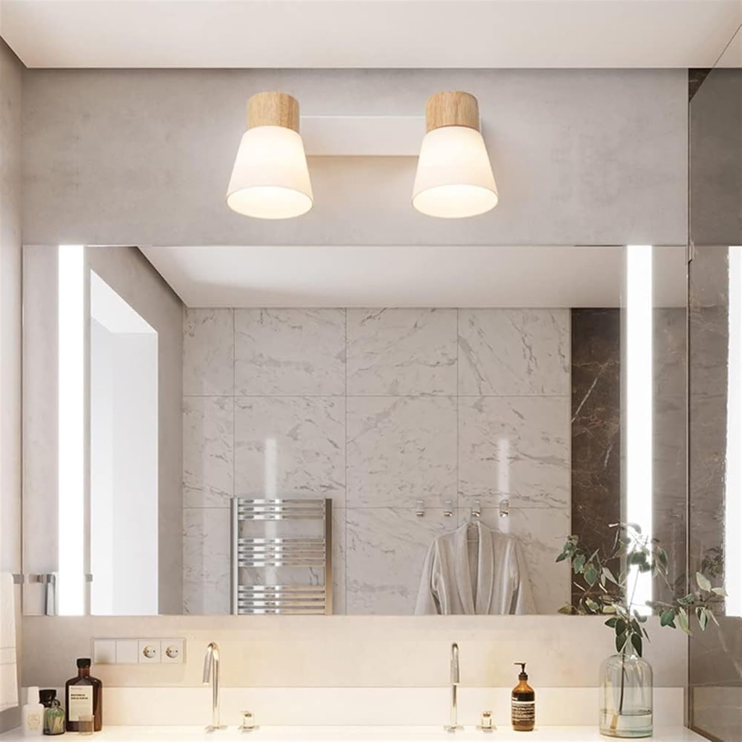 Lámpara de tocador rural de madera, 2 luces, accesorio de iluminación para baño, tocador de vidrio, montaje en pared, aplique de pared para maquillaje, lámpara frontal de espejo E27 para tocad