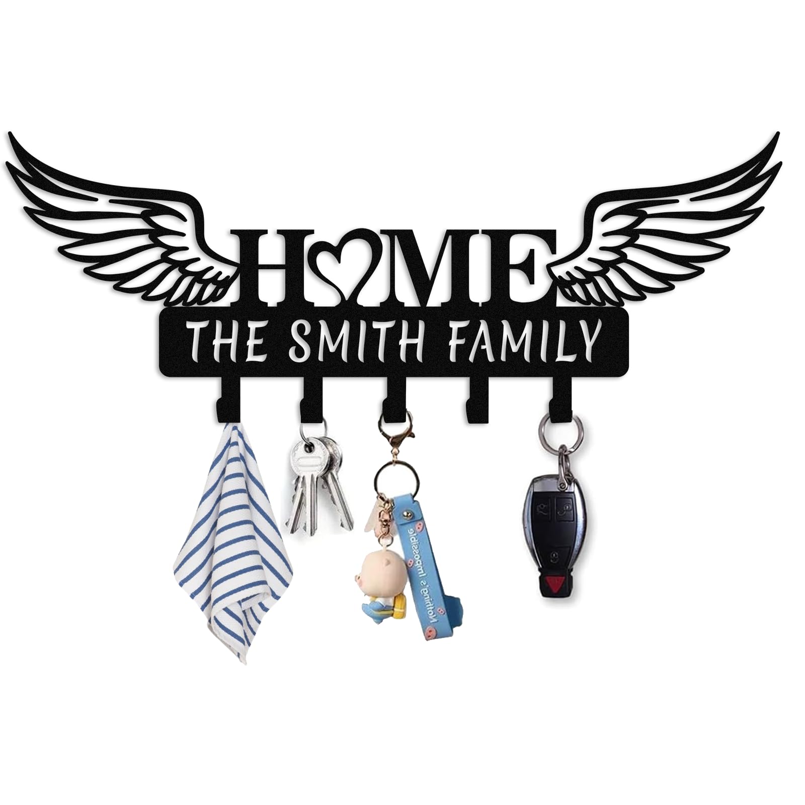 Met5kdm Style-2 Personalized Key Holder For Wall,Custom Metal Wings Hooks With Name,Key Hanger Organizer For Entryway, Front Door, Hallway, Bathroom,Home Sweet Home Decor