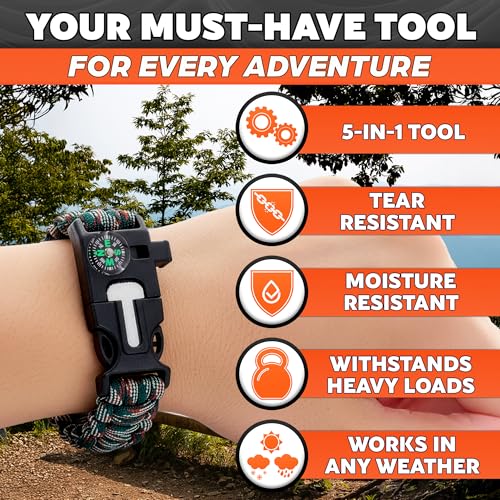 Paracord Bracelets for Men and Women – Adjustable Survival Paracord Bracelet with 11.8 ft Nylon Cord, Flint Fire Starter, Compass, Whistle & Scraper – Camping, Hiking, Fishing Gear (Camo Combo) — view 4