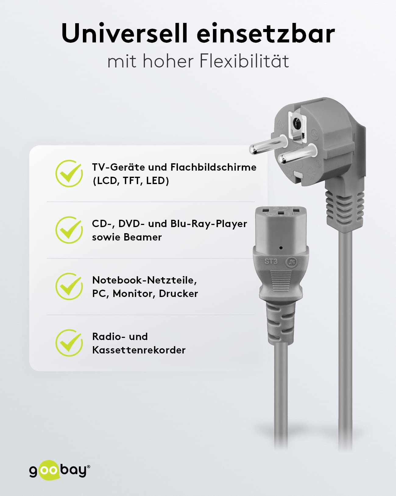 Goobay 50076 kabel do urządzeń zimnych 2 m / 90 stopni C13 gniazdo urządzenia zimnego i wtyczka ze stykiem ochronnym/uniwersalny monitor PC kabel zasilający C13 wtyczka kątowa kabel zasilający /