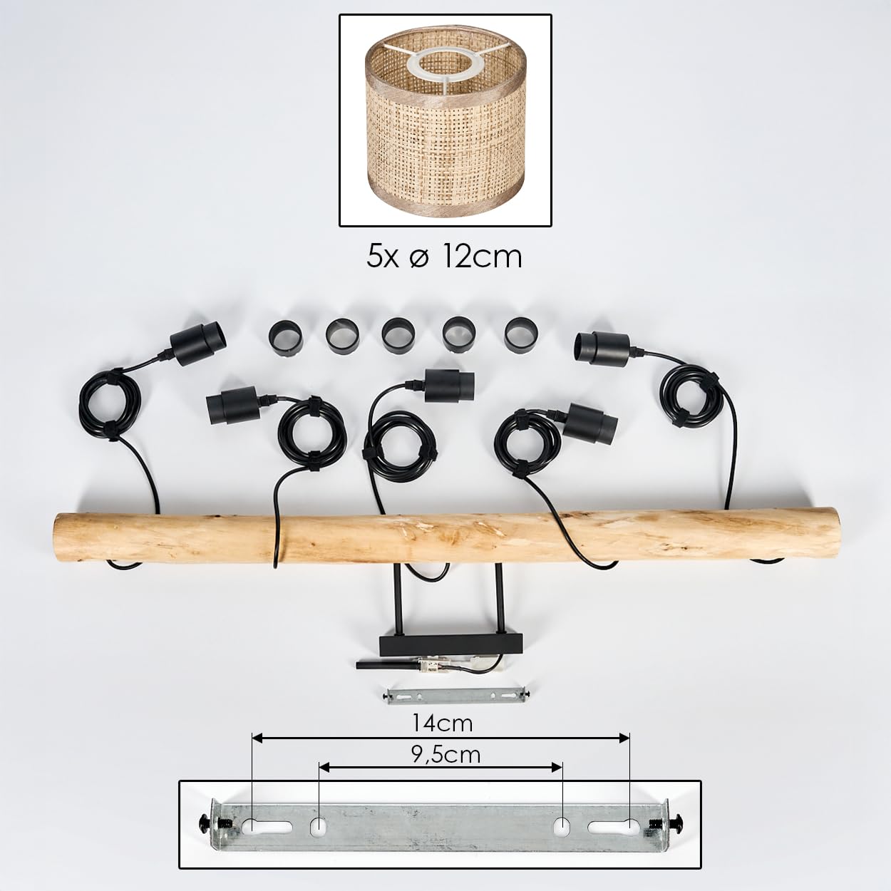 HOFSTEIN Lampa wisząca Sabadim, 5-punktowa lampa wisząca z metalu/drewna/plecionki papierowej w kolorze czarnym/naturalnym/brązowym, lampa wisząca w stylu boho (Ø abażurów 12 cm), wysokość 235 cm, E27