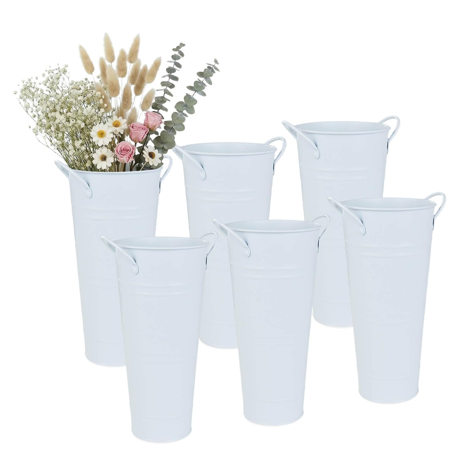 Photo 1 of vensovo 9" Tall Galvanized Flower Bucket, 6 Pcs French Metal Vases with Handles, Tabletop Rustic Floral Buckets for Dried Flowers, Wedding Flower Bar & Home Decor, Pure White