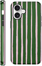 Yirlbey 2 in 1 Summer Case for iPhone 16 6.1 inch, Aesthetic Pink Green Stripes Striped Pattern Design Silicone Slim TPU Case for Women Girls Shockproof Protective Cover Bumper Case