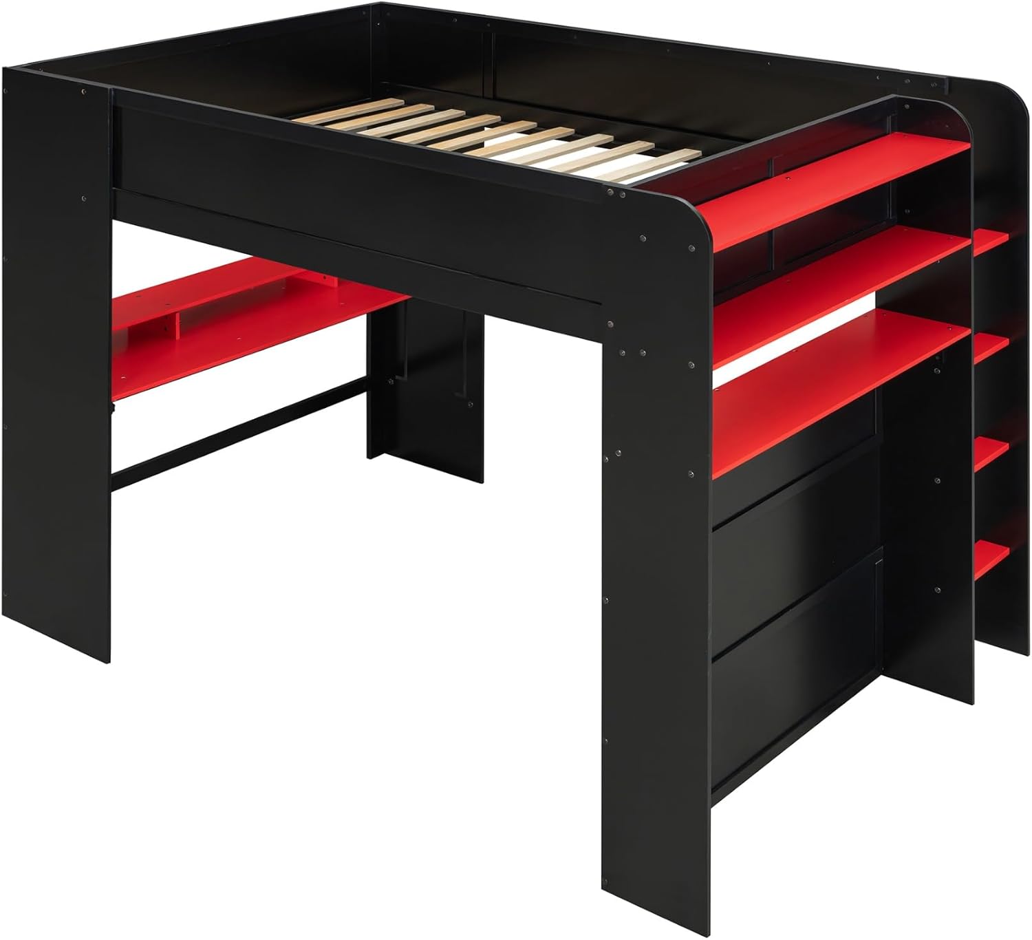 Full Size Loft Bed with Adjustable Desk and LED, Wood Bunk Gaming Bed with Wardrobe and Storage Shelves, Bookshelf, No Box Spring Needed for Kids, Adults, Boys, Red