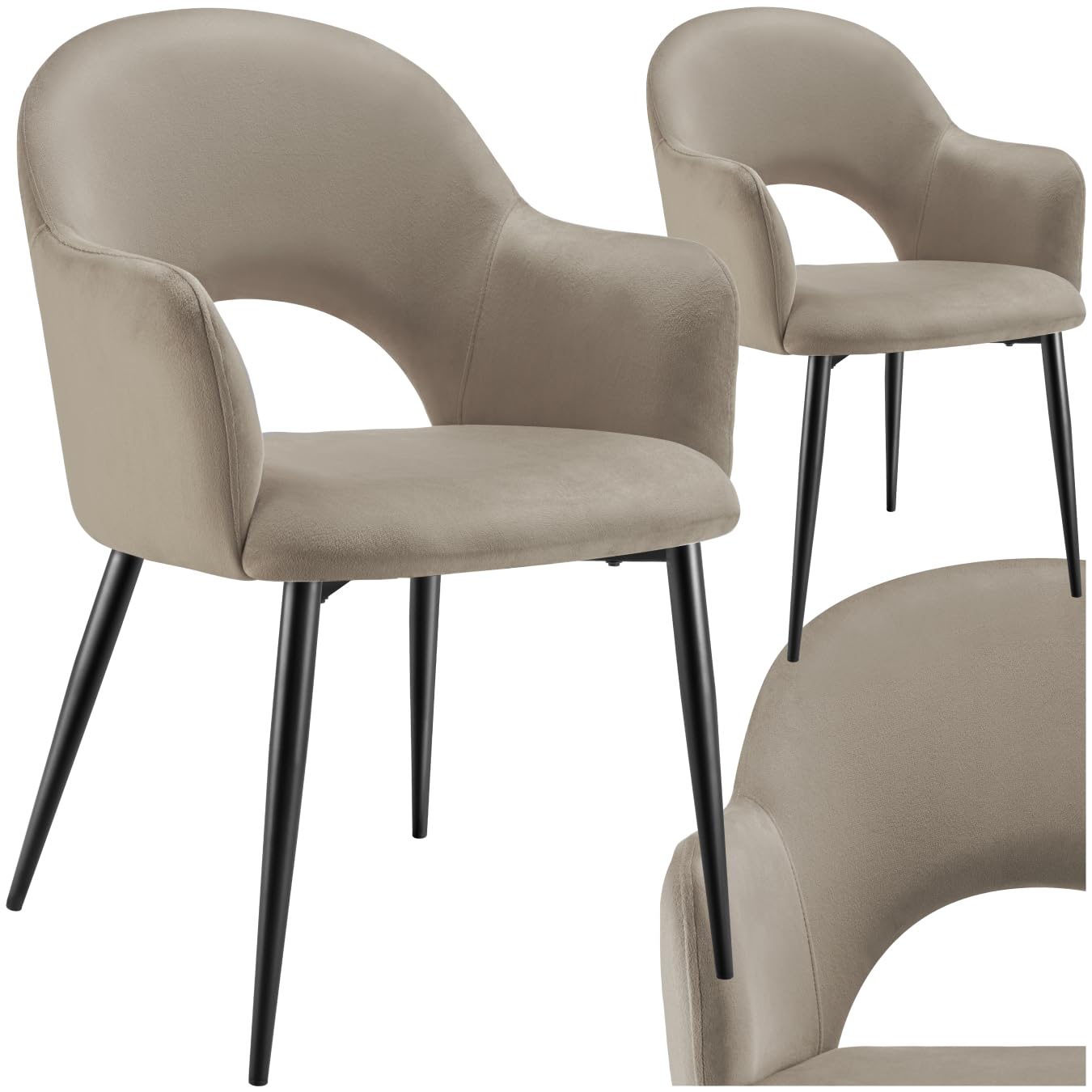tectake® 2er Set Armlehnstuhl in Samtoptik, gepolsterte Esszimmerstühle, bis 120 kg belastbar, Stühle Esszimmer mit komfortabler Polsterung, Küchenstuhl, Esszimmerstuhl mit Stahlbeinen - Taupe