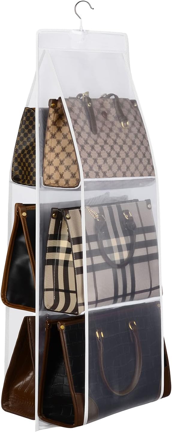 Zollyss Hanging Shelves 6 Pocket Foldable Handbag Organisers Cover Dustproof Wardrobe Storage Purse Organiser Hanging, White, Non Woven Fabric-image-22